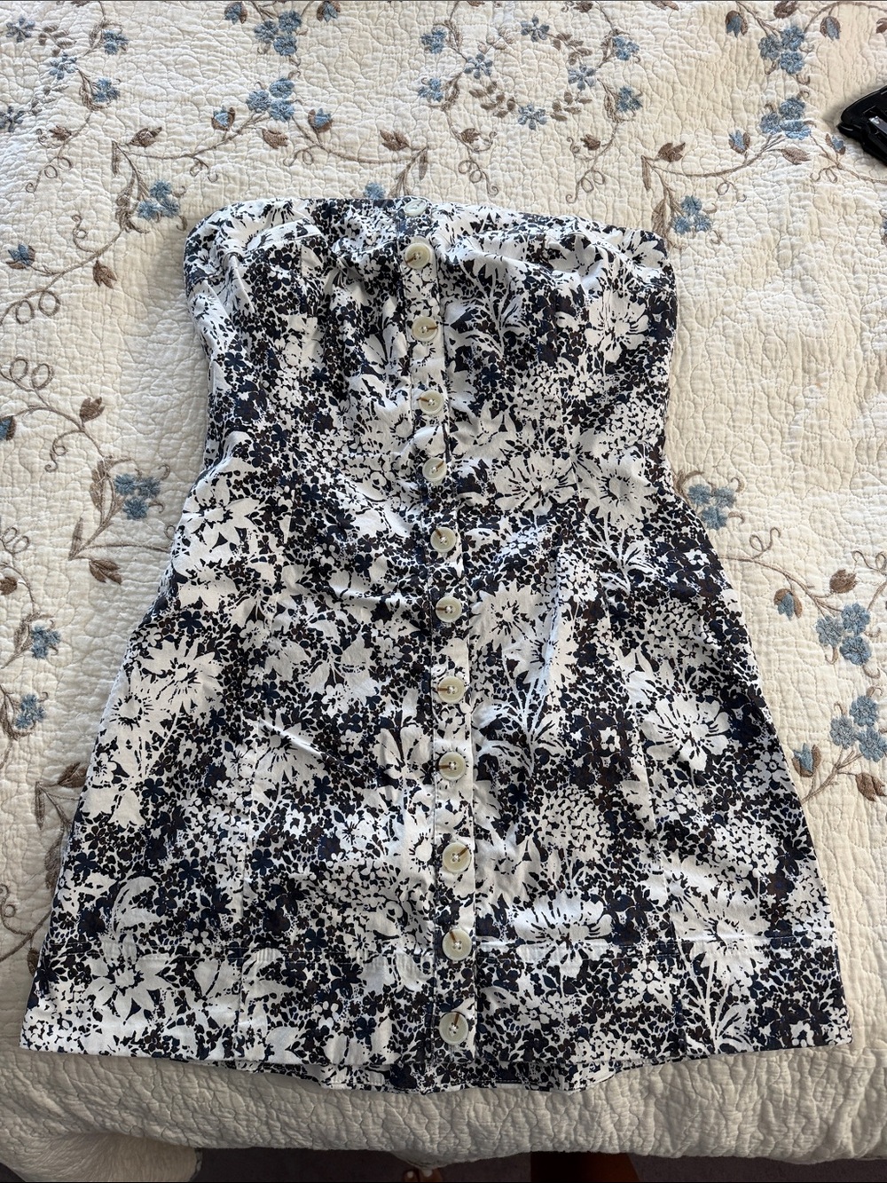 Free People Strapless Black & White Floral Button-Up Dress